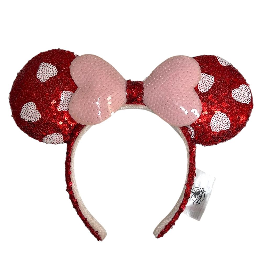 Disney NWOT Minnie Mouse Ears Valentines Day Hearts Sequin Bow Pink Red One Size